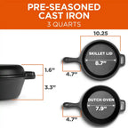 30CM Pre-Seasoned Cast Iron Dutch Oven with Lid – 3QT Heavy Duty Stew Pot & Skillet Combo