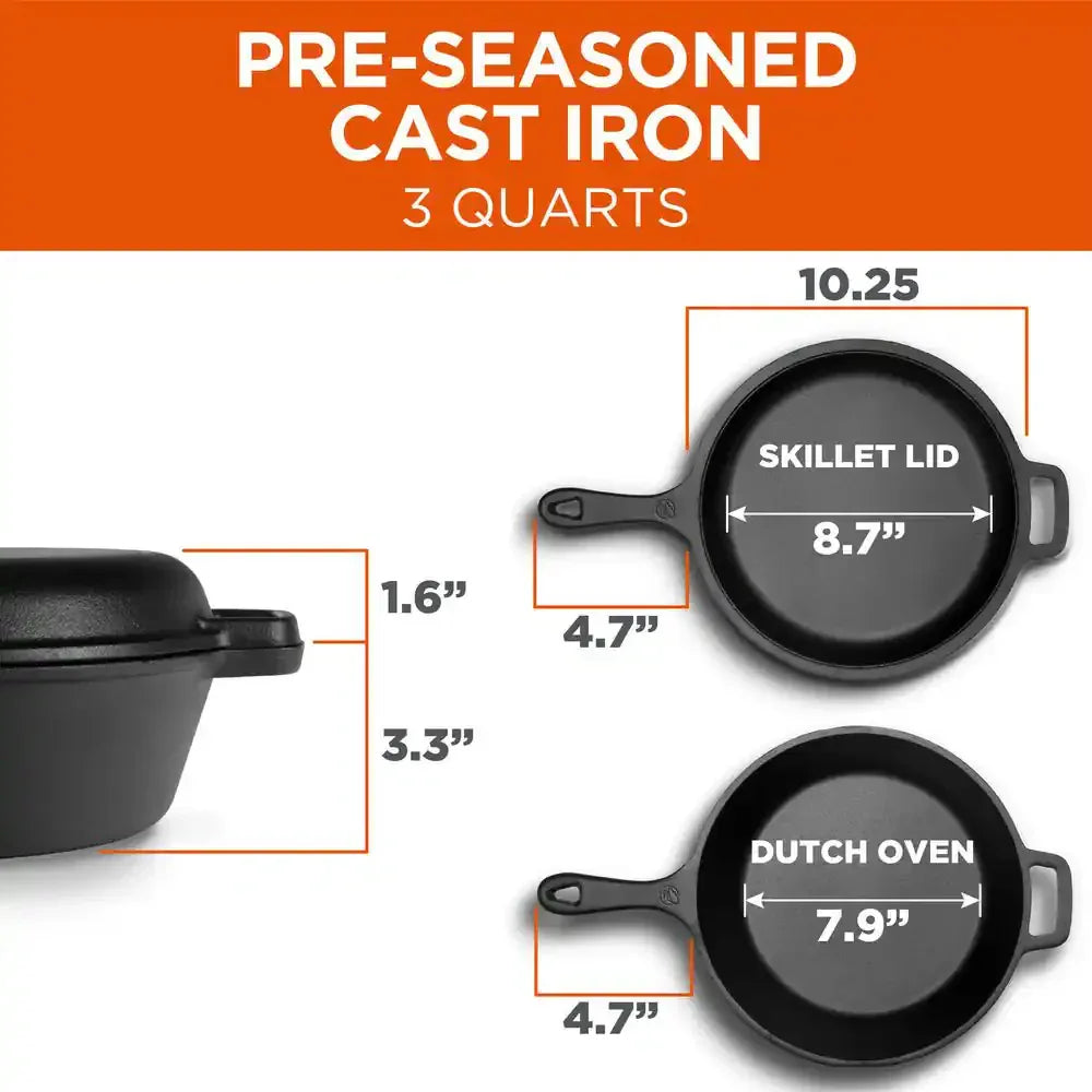 30CM Pre-Seasoned Cast Iron Dutch Oven with Lid – 3QT Heavy Duty Stew Pot & Skillet Combo