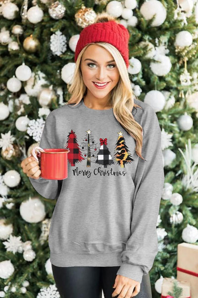 Festive Women’s Christmas Sweatshirt - Cheerful Merry Christmas Trees Graphic Pullover for Holiday Parties