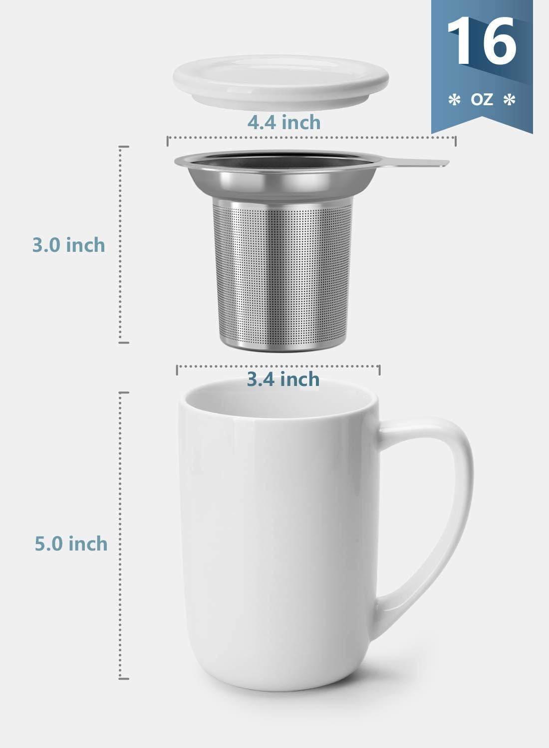 16 OZ Elegant Porcelain Tea Mug with Infuser & Lid - Perfect Gift for Tea Lovers, White