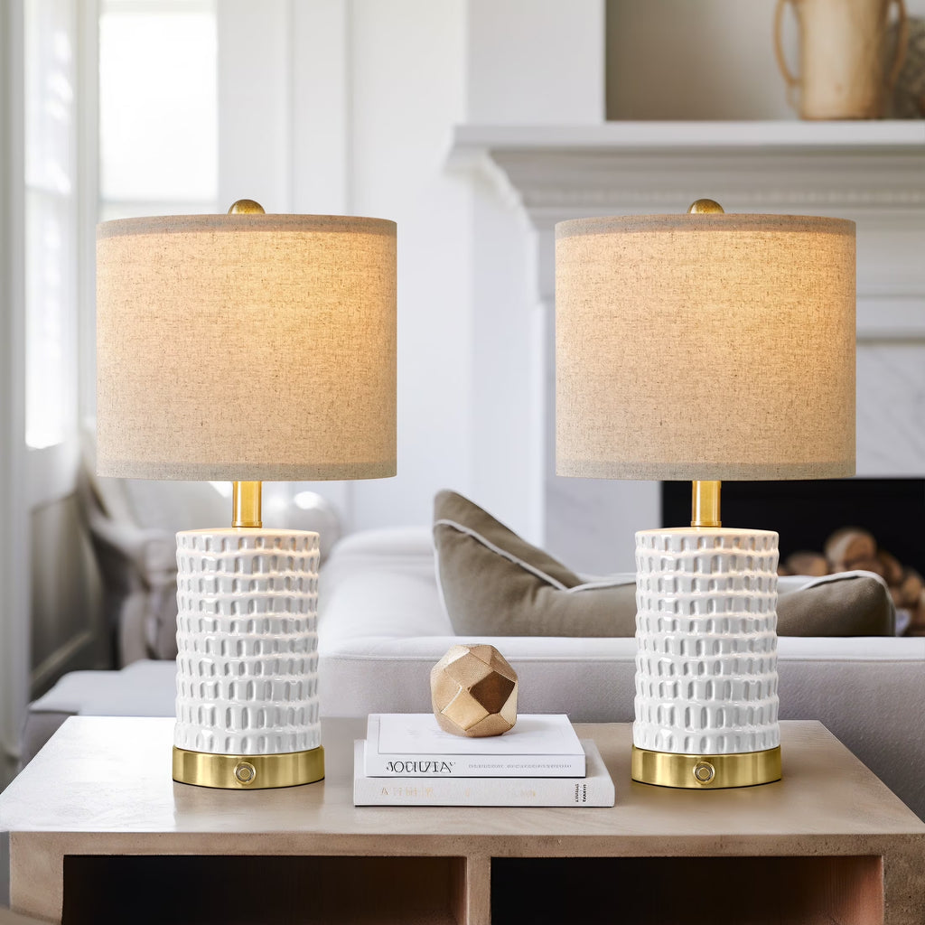 Set of 2 Dimmable Ceramic Table Lamps with USB Ports – Modern Farmhouse Bedside Nightstand Lighting T1062S-Gl-Tu0(10 X 10 X 19Inch)