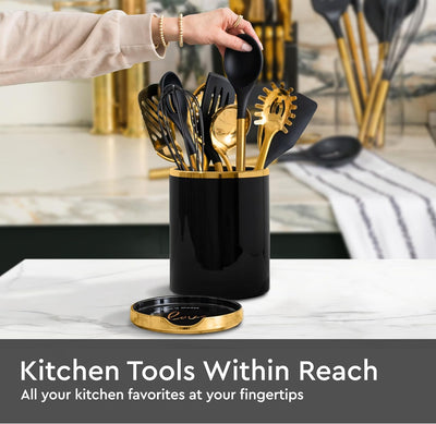 Elegant Black and Gold Ceramic Utensil Holder Set with Built-In Spoon Rest - Luxury Kitchen Accessory - Ideal for Organizing Your Cooking Utensils