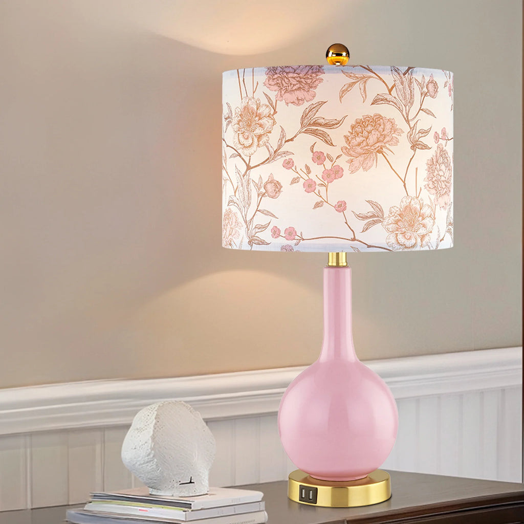 Pink Ceramic Table Lamp with USB Ports – 3-Way Dimmable Touch Bedside Lamp with Floral Shade