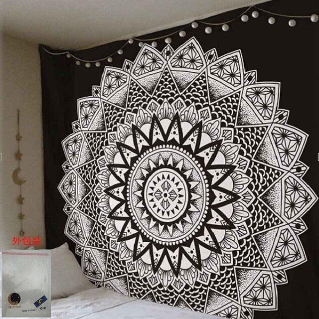 Colorful Mandala Boho tapestry wall hanging by Cavira, psychedelic beach-themed throw and travel rug for indoor and outdoor decor.
