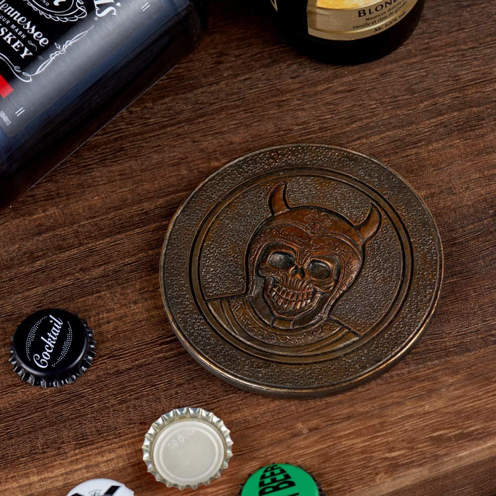 Stainless Steel Viking Skull Mug & Coaster Set - Double Handle Horn Tankard for Beer, Coffee & Beverages - 17oz Medieval Drinkware