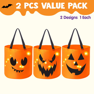 3 PCS Halloween Candy Bag,Led Light Pumpkin Candy Buckets for Kids,Halloween Trick or Treat Bucket with Pumpkin Smile Face for Halloween Party Favors Goodie Bags