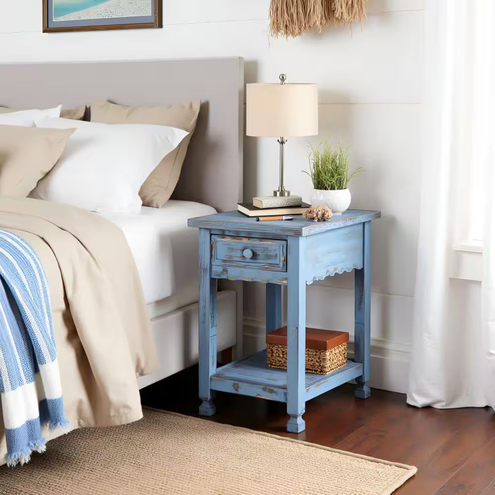 Antique Blue Farmhouse Wood End Table with Drawer – Rustic Rectangular Bedside Side Table