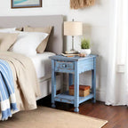 Antique Blue Farmhouse Wood End Table with Drawer – Rustic Rectangular Bedside Side Table