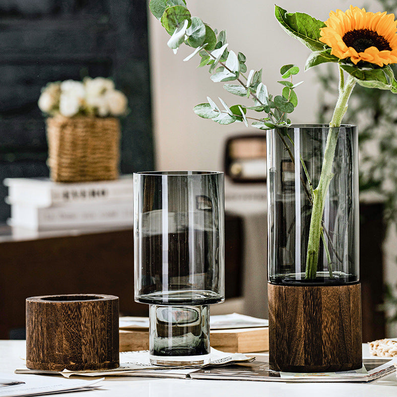 Wooden glass vase with smoke grey finish by Cavira, rustic Nordic decor flower vase for living room or dining table.