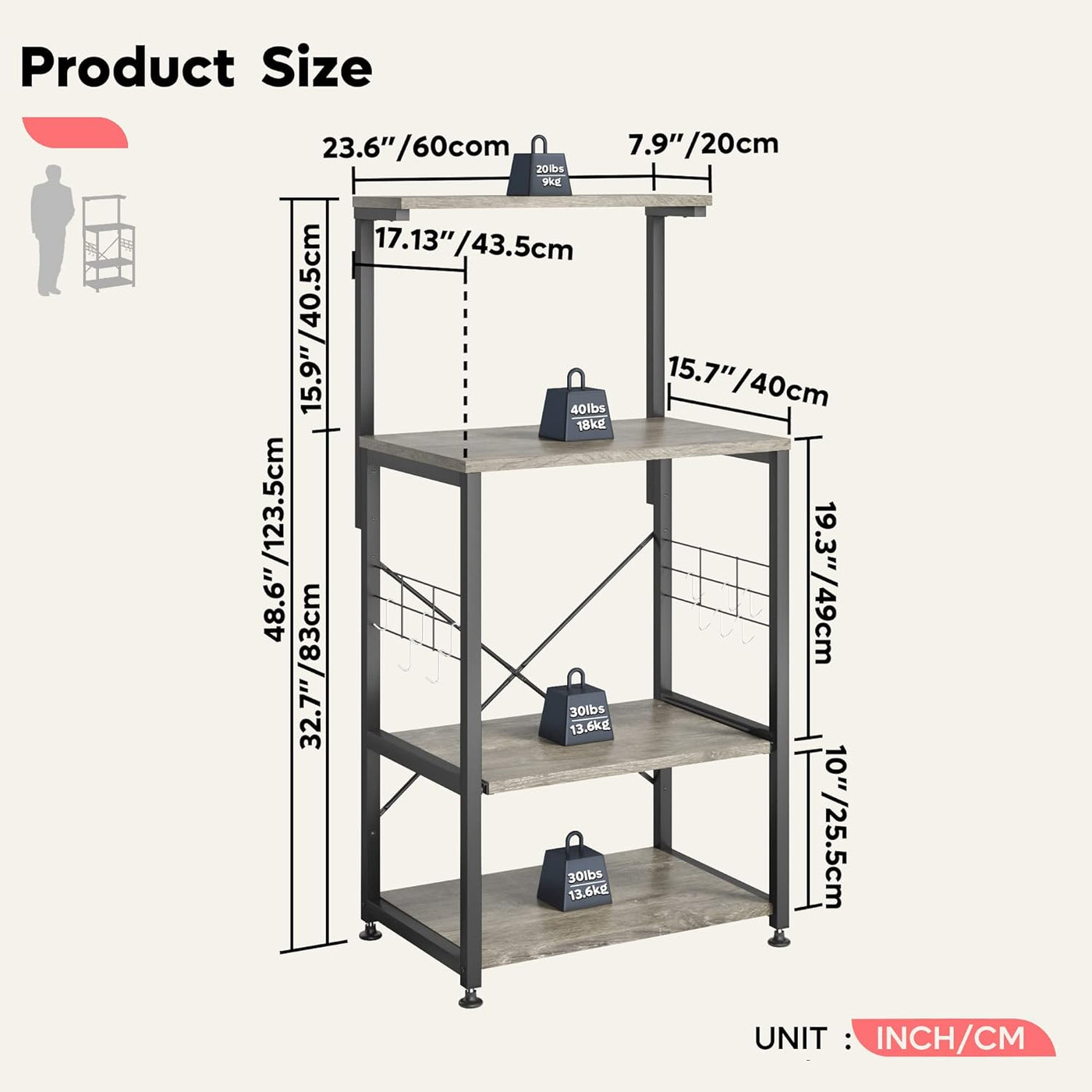 Versatile Kitchen Bakers Rack with Wheels - Microwave Stand & Utility Storage Shelf with 10 Hooks and Adjustable Feet