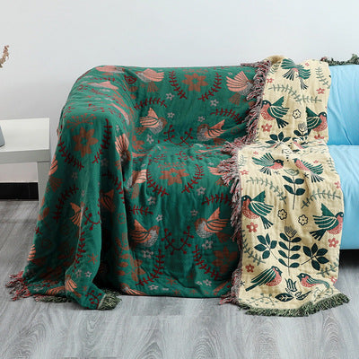 Cavira spring bird cotton gauze sofa cover in Chinese Nordic style, full coverage throw blanket for all seasons, soft and lightweight.