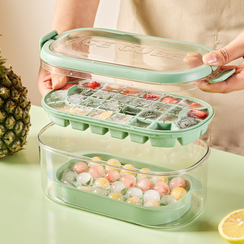 Cavira 2-in-1 silicone ice cube maker and storage box showing large-capacity tray with ice cubes and lid for home kitchen use