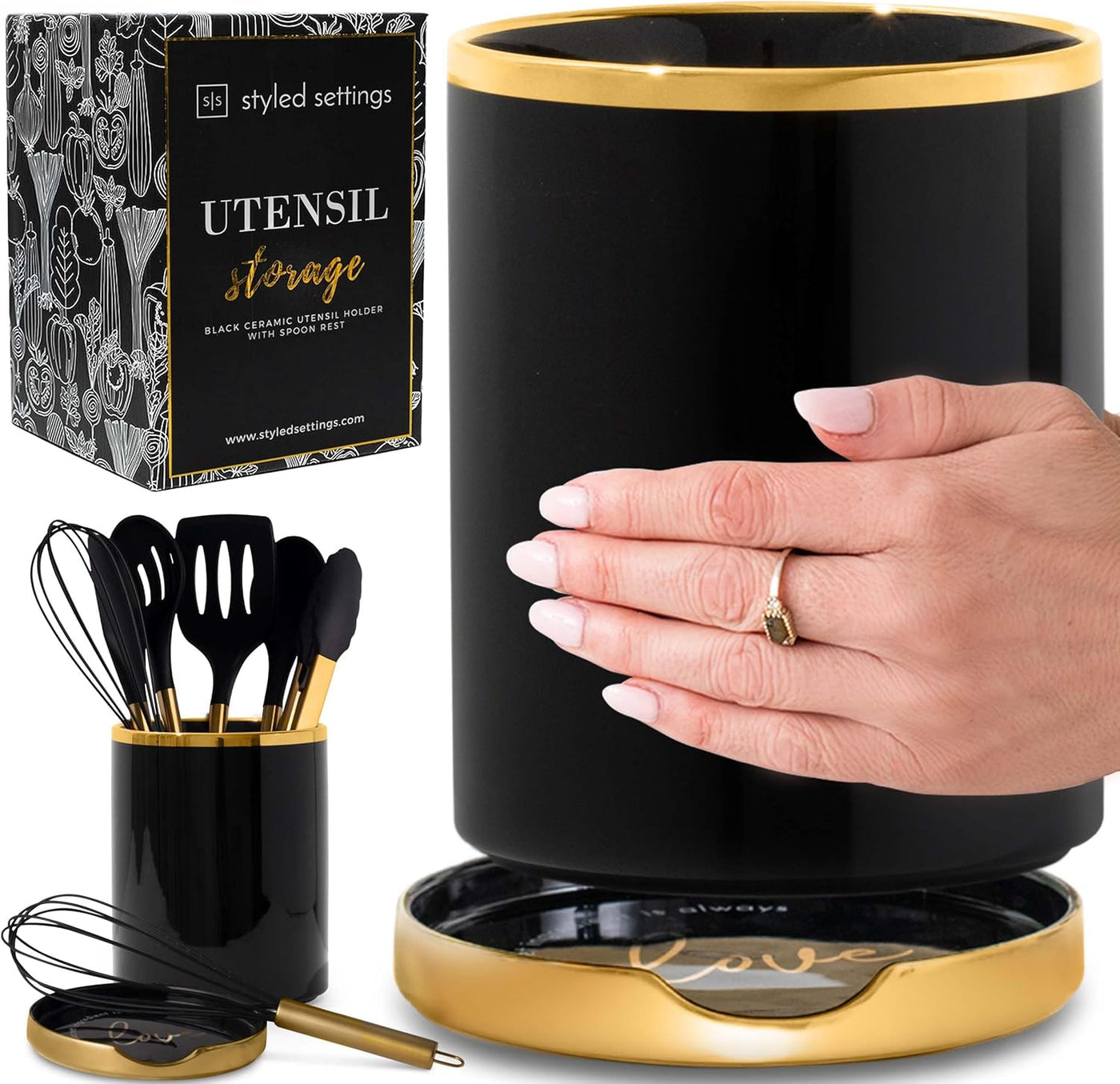 Elegant Black and Gold Ceramic Utensil Holder Set with Built-In Spoon Rest - Luxury Kitchen Accessory - Ideal for Organizing Your Cooking Utensils