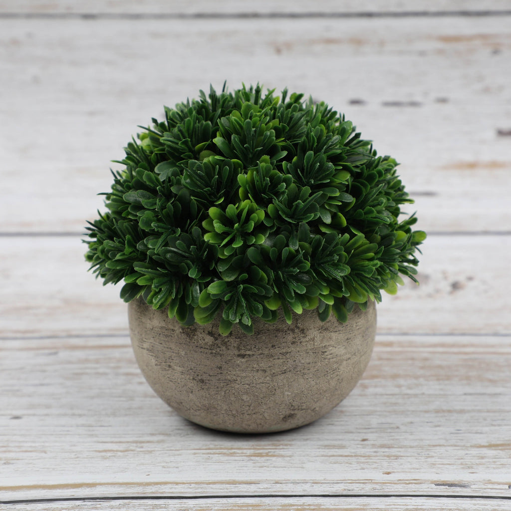 Artificial bonsai desktop plant in a semi-round pulp pot with faux grass and botanical arrangement, ideal for home or office décor.