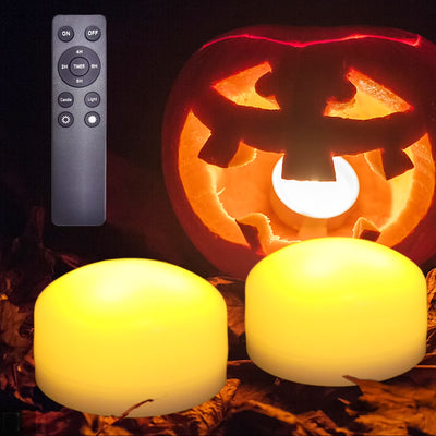 Illuminate Your Halloween: 2 Pack Remote-Controlled Flameless Pumpkin Lights - Bright LED Candles with Timer for Jack-O-Lantern Decor and Festive Celebrations