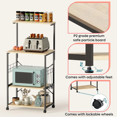 Stylish 4-Tier Kitchen Baker's Rack with Wheels - Versatile Utility Storage Shelf & Microwave Stand - Oak Wood Organizer with Side Hooks and Adjustable Feet
