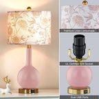Pink Ceramic Table Lamp with USB Ports – 3-Way Dimmable Touch Bedside Lamp with Floral Shade