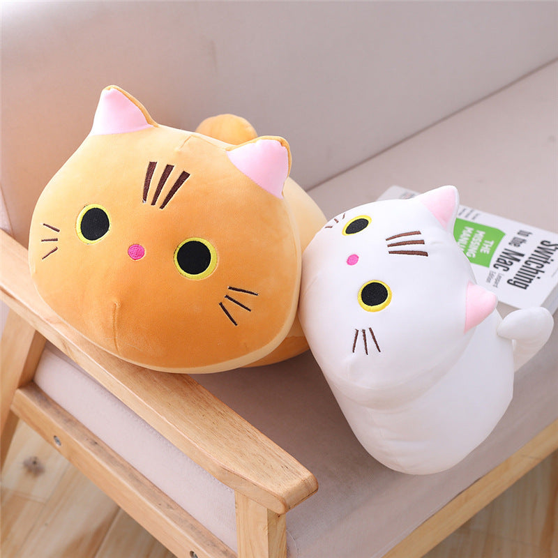 Cavira cute cat plush pillow in soft fleece, cylindrical bolster for bedroom, sofa, nap, or office rest, featuring a feline design.