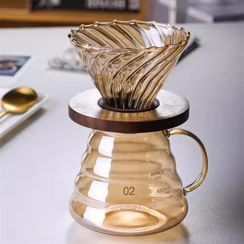 Cavira glass pour-over coffee dripper with colored filter cup and wooden tray, minimalist Japanese coffee accessory in various styles