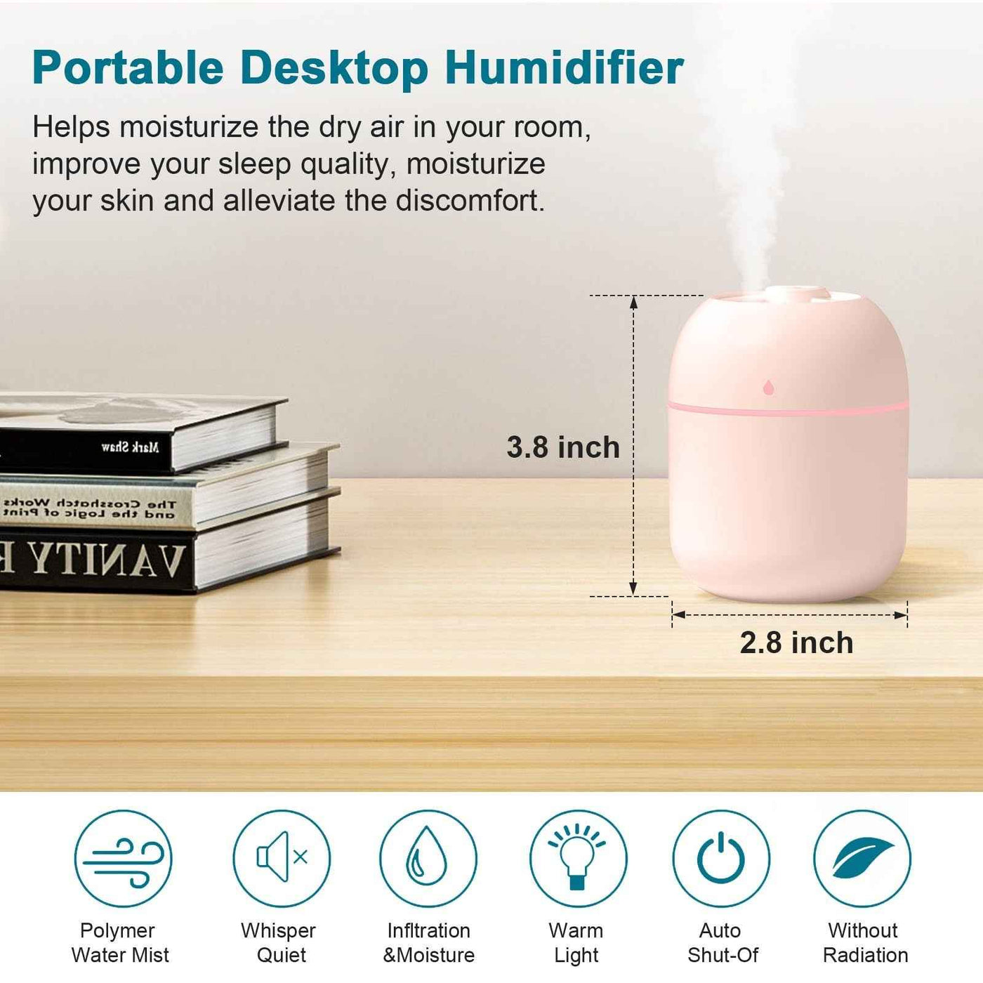 Portable Mini Humidifier 220ml Small Cool Mist Humidifier USB Personal Desktop Humidifier For Bedroom Travel Office Home - GG store