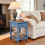 Antique Blue Farmhouse Wood End Table with Drawer – Rustic Rectangular Bedside Side Table