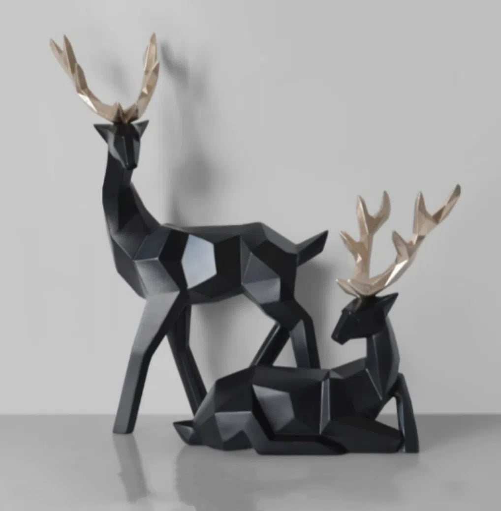 Eprolo Fortune Deer resin figurines, sitting and standing, in black, gold, and white, modern minimalist home decor, 17x6.5x18cm and 17x5.5x30cm