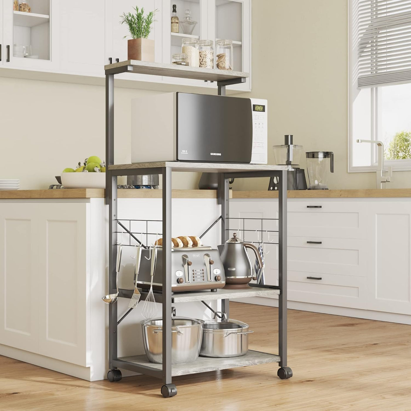 Multifunctional Kitchen Bakers Rack with Rolling Wheels - Stylish Microwave Stand & Utility Storage Cart with 10 Hooks and Adjustable Feet