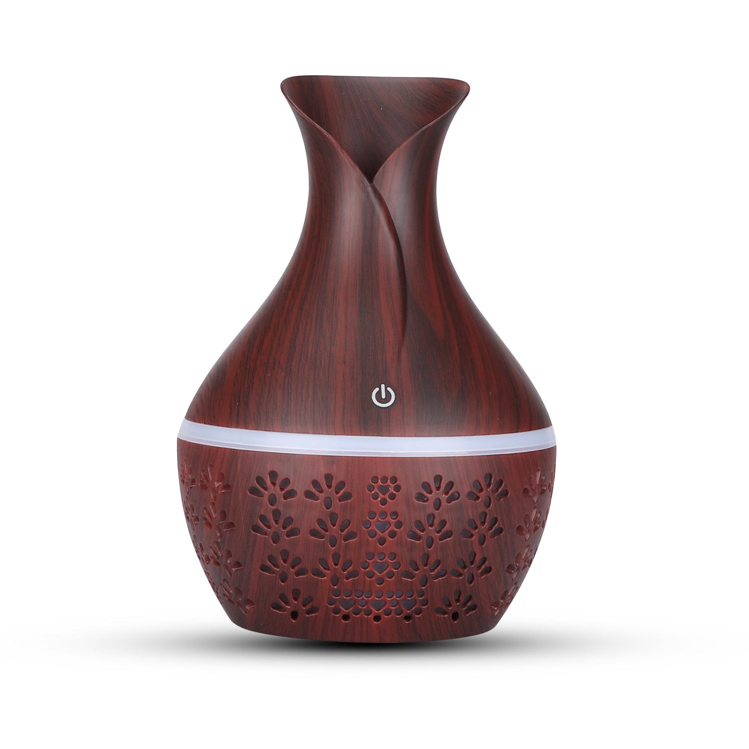Cavira USB wood grain ultrasonic humidifier with mini mist maker, dark and light wood finish, ideal for bedroom, study, or office.