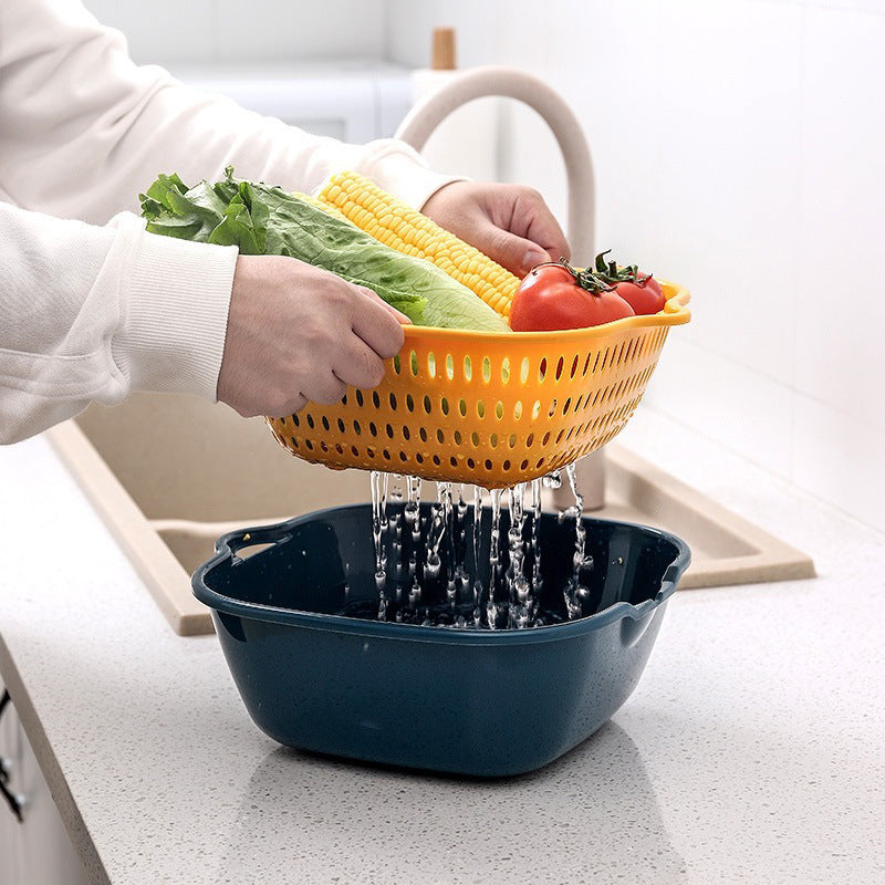 Cavira 6-piece plastic kitchen drain basket set with double-layer vegetable washing and drainage baskets in large, medium, and small sizes.