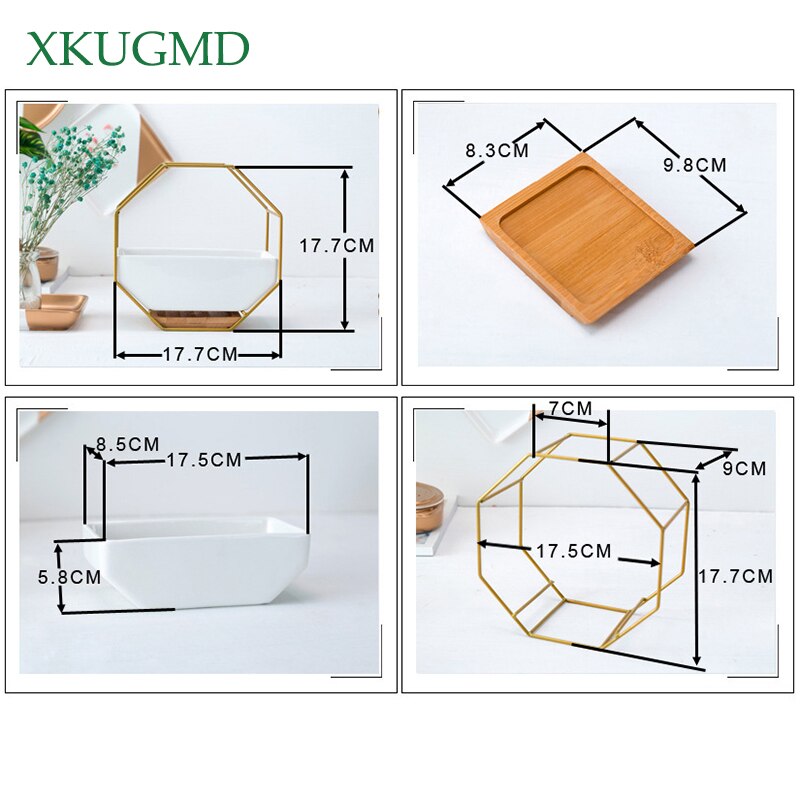 White ceramic geometric wall hanging planter with iron frame and bamboo tray, boho minimalist indoor plant decor by Cavira.