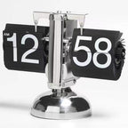 Retro flip clock with stainless steel case, white and black design, 12-inch quartz clock for desktop or living room use