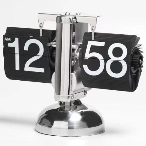 Retro flip clock with stainless steel case, white and black design, 12-inch quartz clock for desktop or living room use