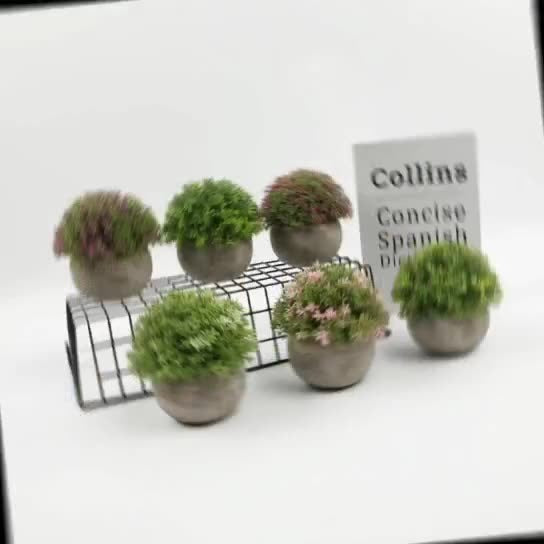 Artificial bonsai desktop plant in a semi-round pulp pot with faux grass and botanical arrangement, ideal for home or office décor.