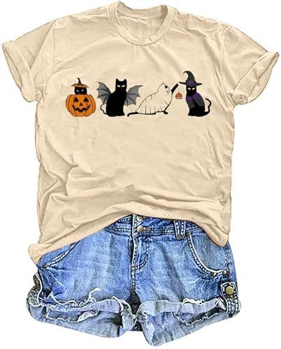 Cotton Halloween Ghost Cat Shirts for Women