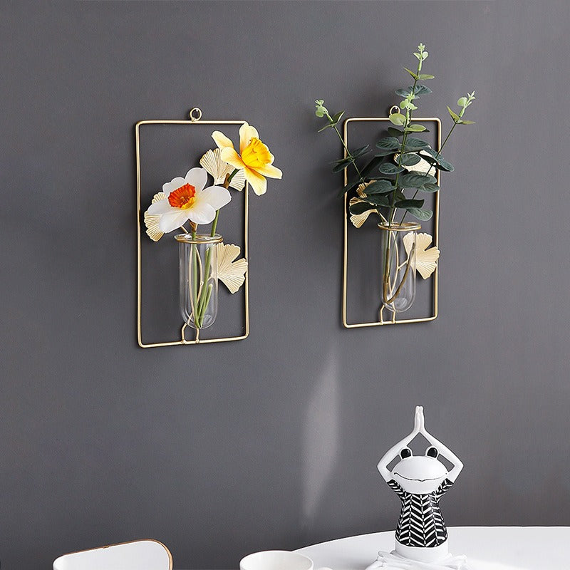 Golden iron wall-mounted hydroponic vase by Cavira, Scandinavian glass bud vase for living room, bedroom, and home decor.