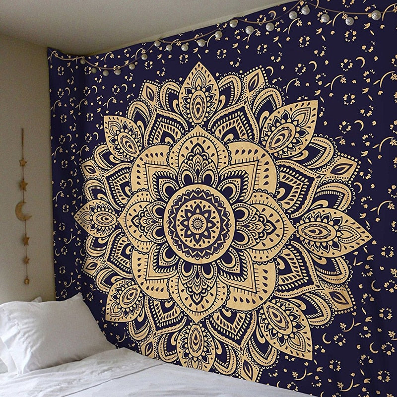 Bohemian mandala floral wall hanging tapestry by Cavira featuring colorful tribal style design for bedroom and living room decor.