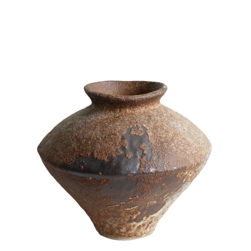Rustic handmade ceramic vase by Cavira with mottled glaze, ideal for Zen, Japandi, and New Chinese style home decor.