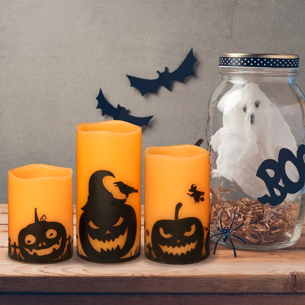 Spooky Halloween Flameless Candles - LED Flickering Pillar Set with Pumpkin Decals, 6H Timer | Perfect Fall Festival Party Decor - Set of 3 (D 3” X H 4”, 5”, 6”)