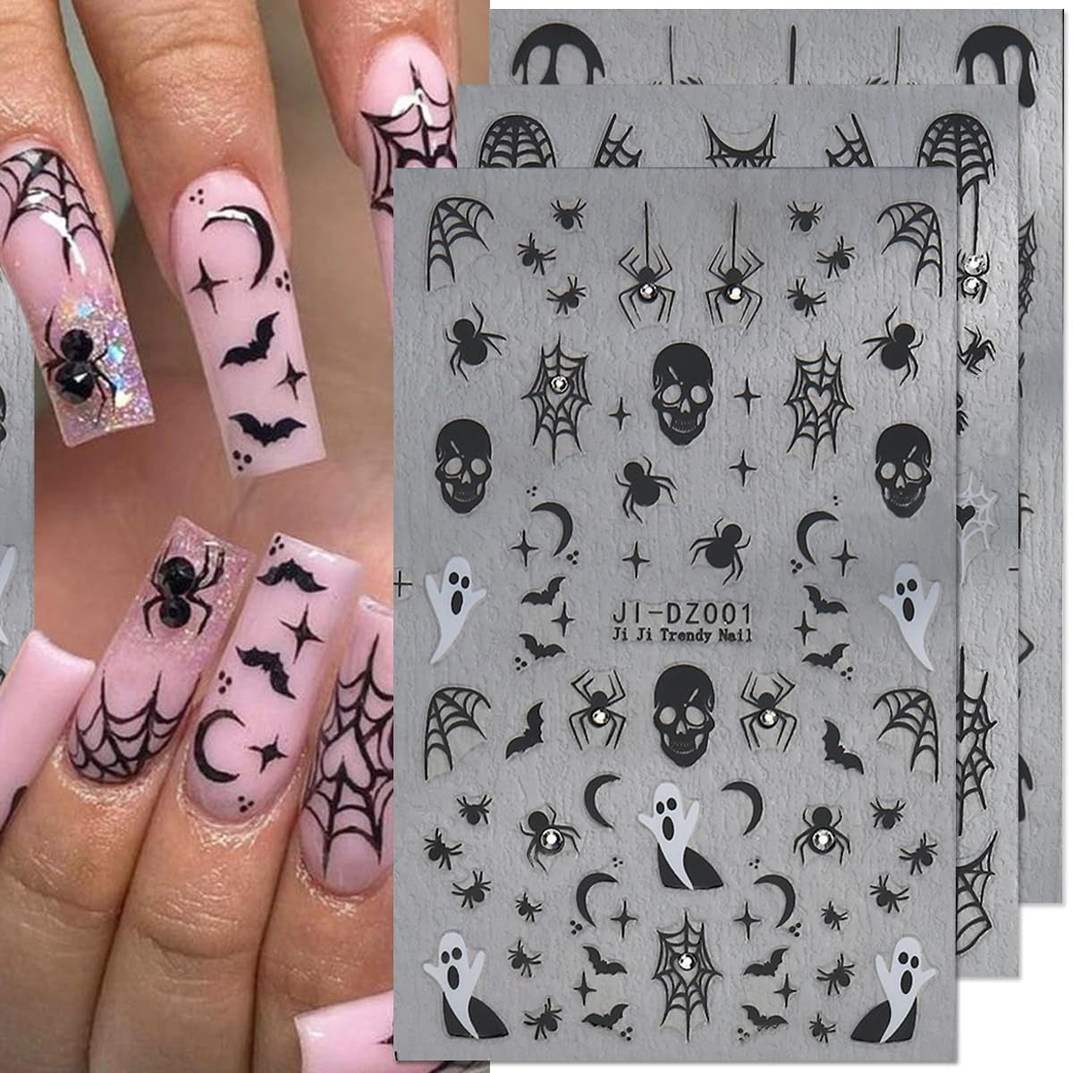 Spook-tacular 3D Halloween Nail Art Stickers - Set of 3 with Rhinestones: Spider Web, Skull & Ghost Designs for Glamorous Manicure Decor!