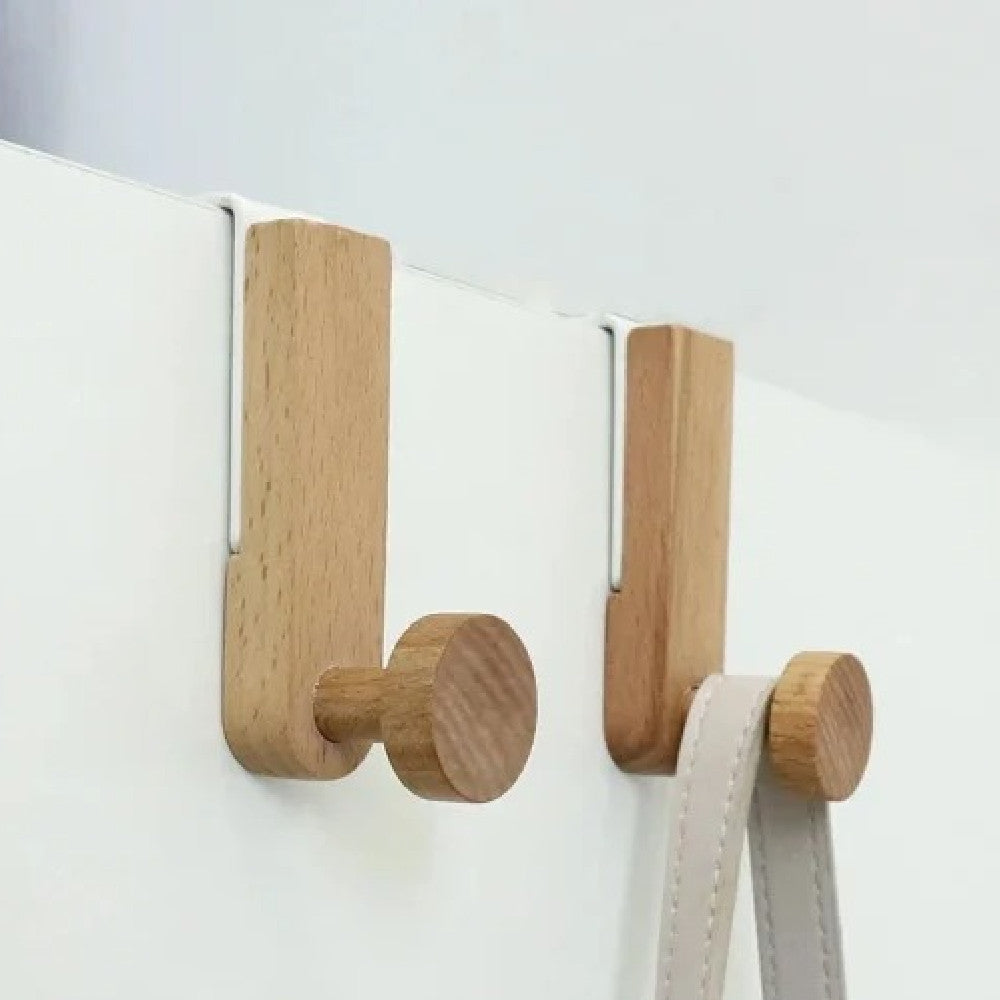 Set of six Cavira white iron and rubber wood wardrobe hooks, ideal for bedrooms, cabinets, and outdoor furniture.