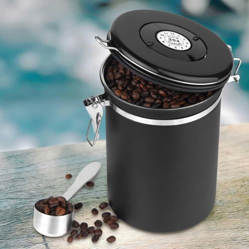 Airtight Stainless Steel Coffee Storage Canister – 22oz Coffee Bean & Ground Coffee Container with CO2 Valve & Date Tracker