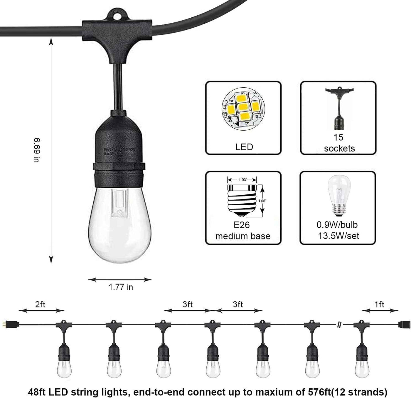 48Ft LED Outdoor String Lights with Shatterproof 0.9W Bulbs for Patio, Backyard, Porch and Commercial Use - GG store