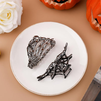 Spooky Chic: 2Pcs Halloween Hair Clips - Gothic Skeleton Hand & Spider Web Hair Claw Barrettes for Women & Girls