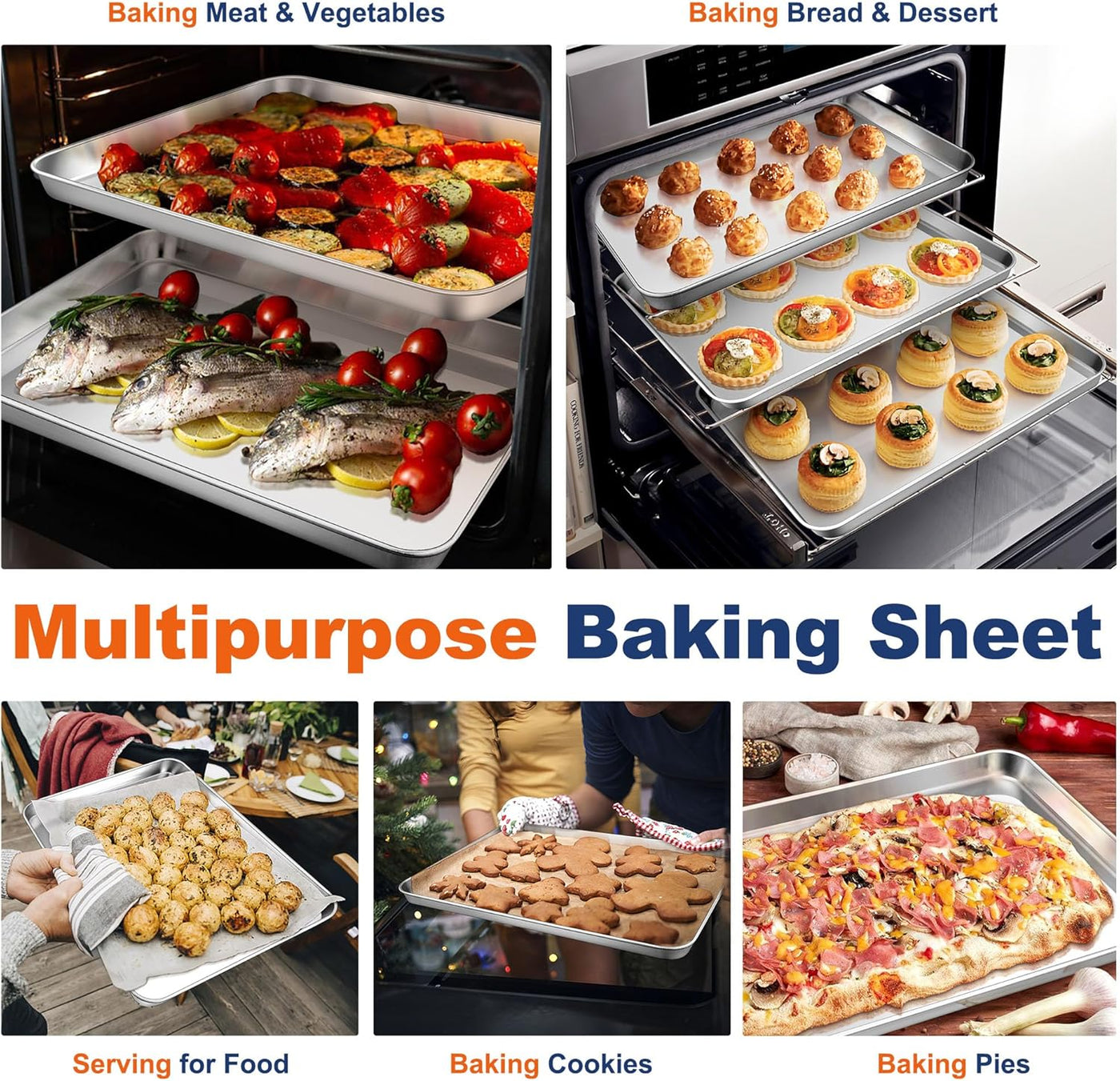 Premium 16 Inch Stainless Steel Baking Cookie Sheet Set - Heavy Duty Oven Pan Tray for Multi-Use, Dishwasher Safe, Shiny Finish - 2 Pieces