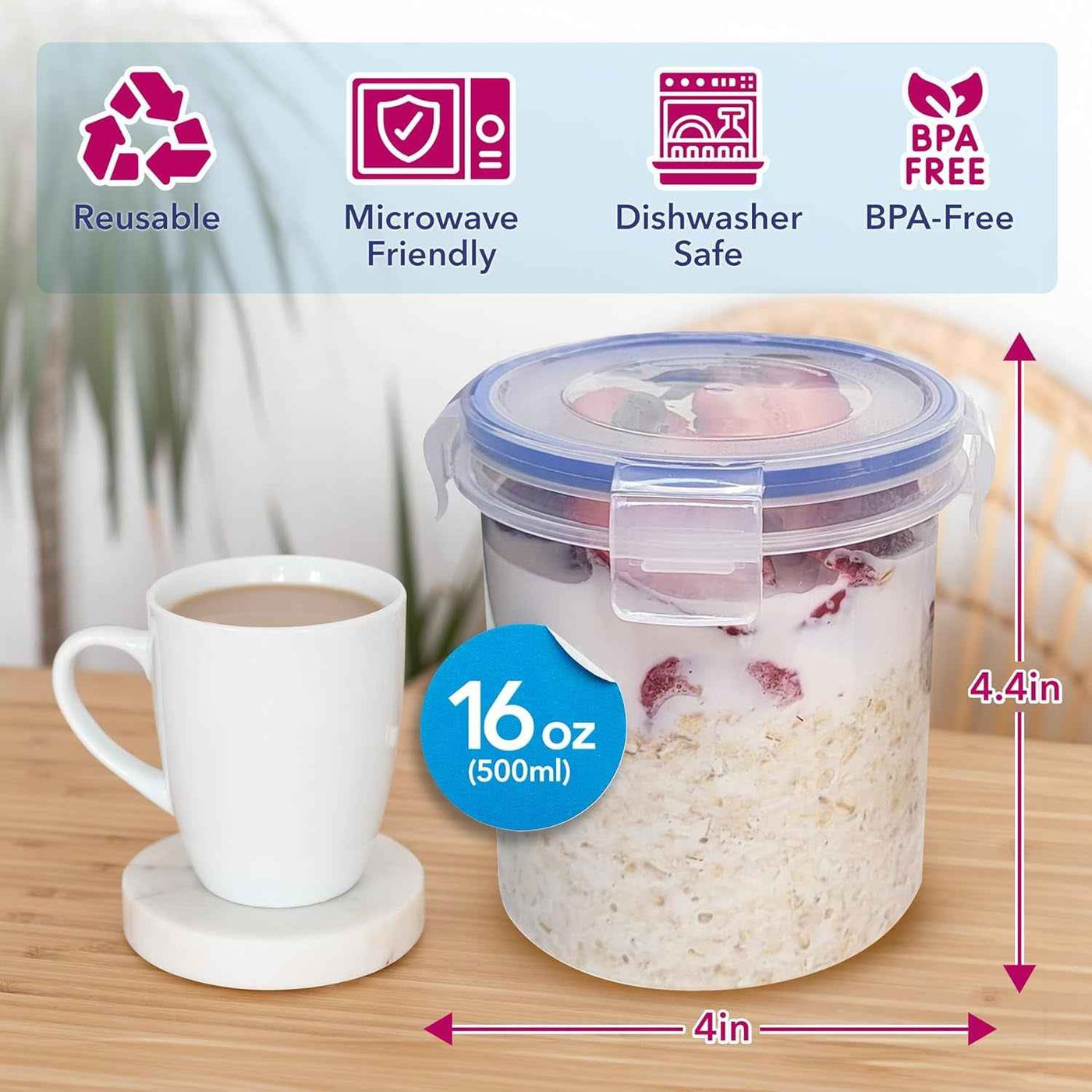 Overnight Oats Container with Lids (4-Piece Set) - 16 Oz Plastic Containers - Oatmeal Container to Go | Portable Cereal and Milk Container| Snap Lock Storage Jars with Airtight Lids - GG store