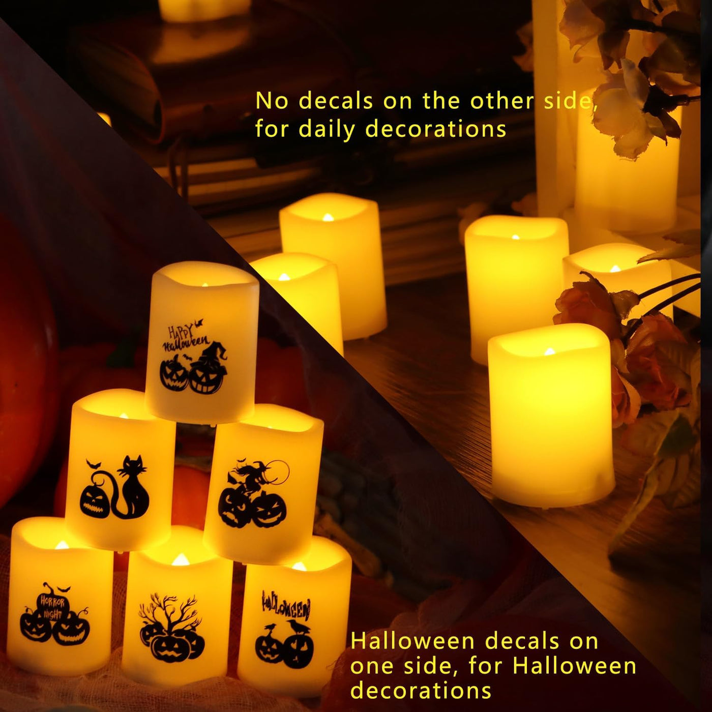 Set of 6 Pumpkin Decor Flameless LED Votive Candles - Realistic Flickering Battery Operated Lights for Halloween Magic! Batteries Included!