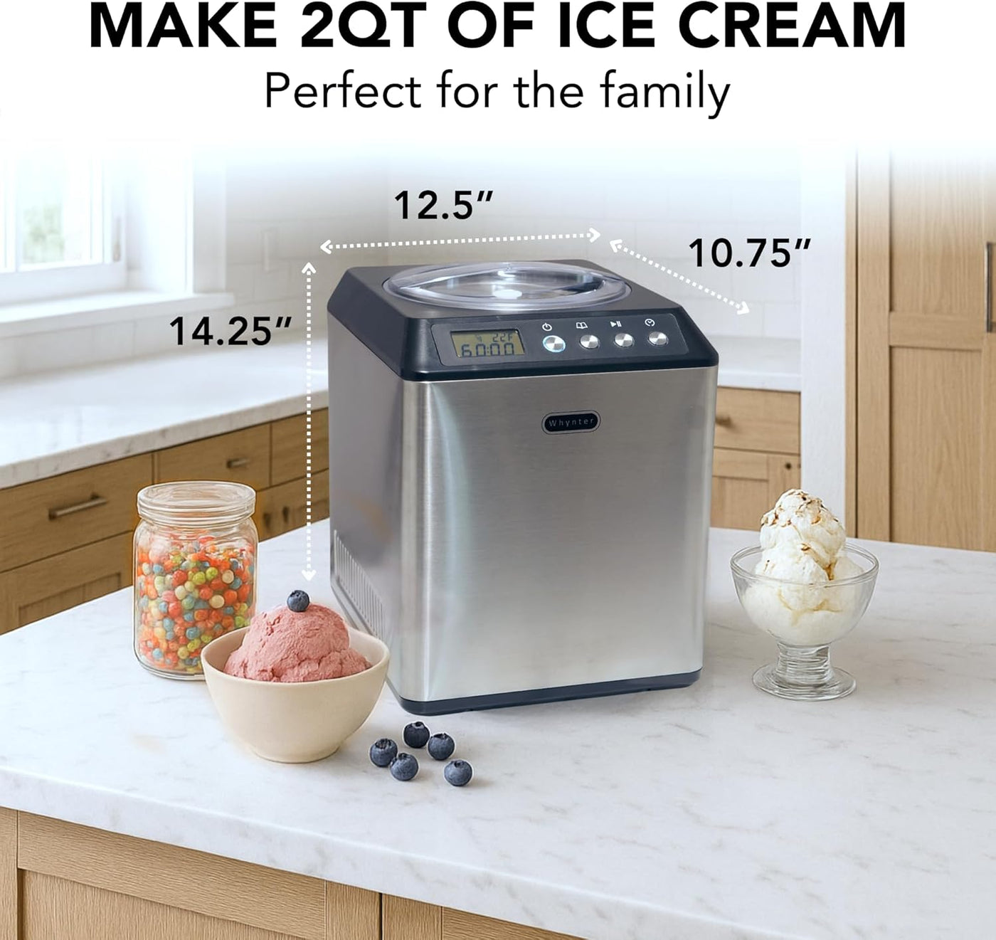 Automatic Ice Cream Maker - 2.1 Qt. Upright with Built-In Compressor, LCD Display & Timer - No Pre-Freezing - Stainless Steel ICM-201SB