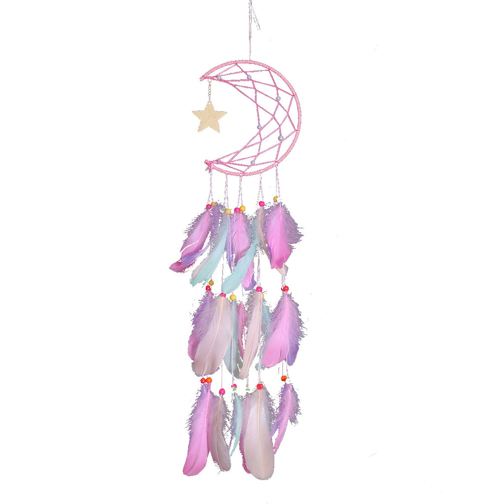 Crescent moon and star feather dream catcher wall hanging by Cavira, boho celestial decor for bedroom, nursery, or living room.