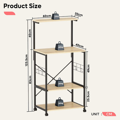 Stylish 4-Tier Kitchen Baker's Rack with Wheels - Versatile Utility Storage Shelf & Microwave Stand - Oak Wood Organizer with Side Hooks and Adjustable Feet