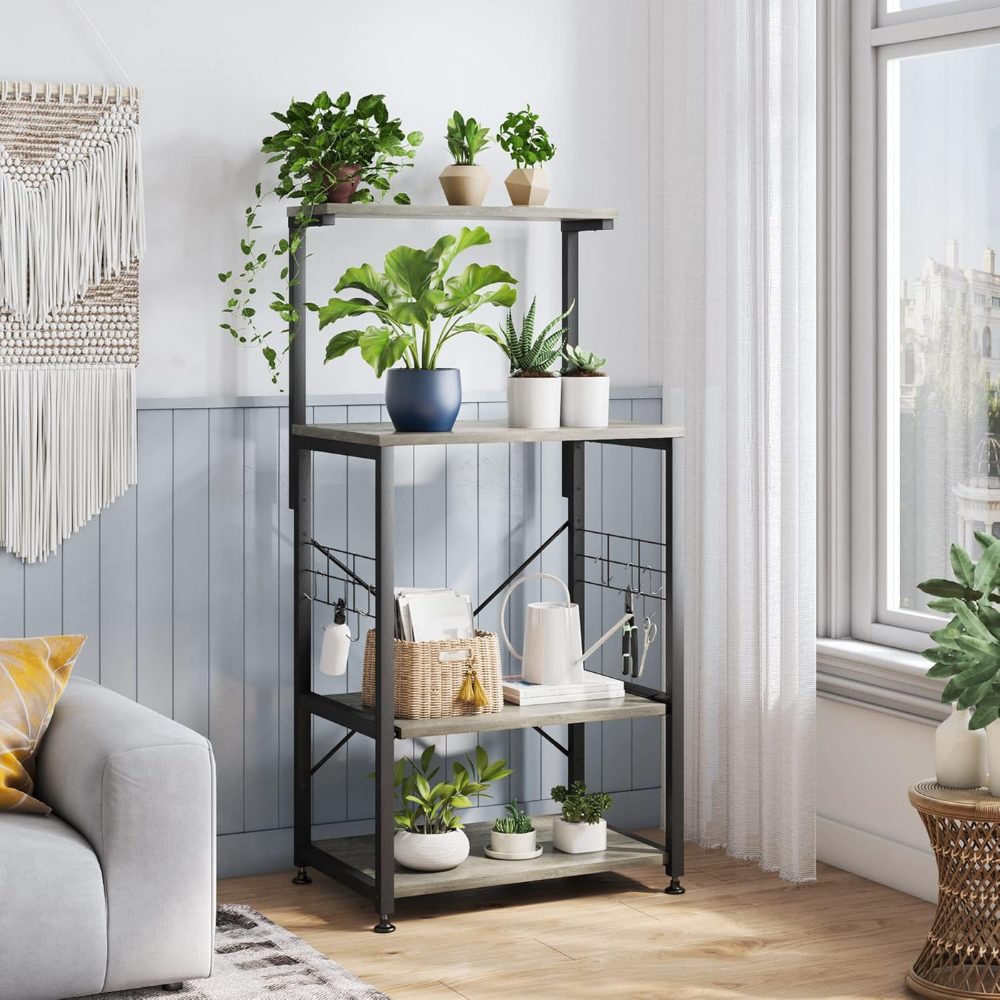 Versatile Kitchen Bakers Rack with Wheels - Microwave Stand & Utility Storage Shelf with 10 Hooks and Adjustable Feet